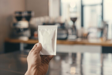 Hand holding a white packet in a coffee shop