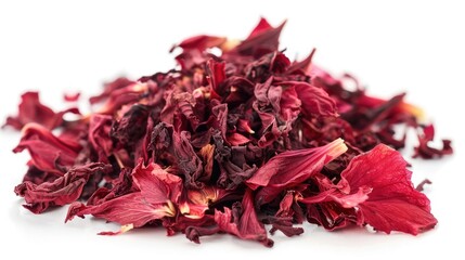 Isolated Dried Hibiscus Flowers for Herbal Tea and Organic Drinks - White Background with Red Rose Flower Keywords