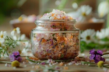 Obraz na płótnie Canvas aromatherapy bath salts in a clear jar, emphasizing their colorful mix of botanicals and essential oils