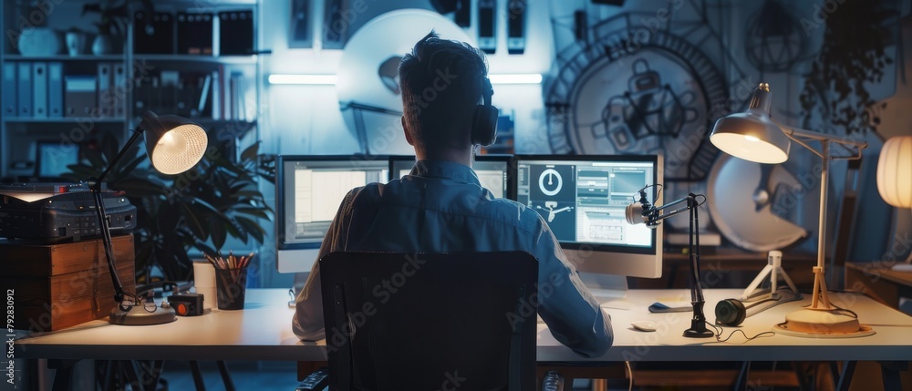 Poster a back view of an industrial engineer using a desktop computer in an office with bright lighting, ex