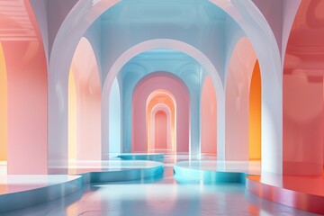 A vibrant corridor of pastel archways and reflective podiums creates an inviting and futuristic space.