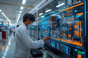 Engineers working on a next-generation AI system in a lab filled with transparent screens and digital workstations