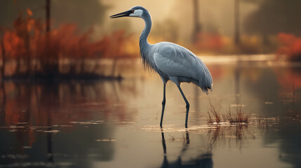 Naklejka premium A crane walking in search of food in a pond that is not deep in nature.