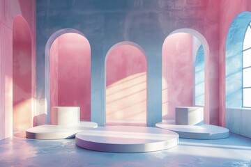 A stylish terrazzo podium against a pink arch, bathed in soft, warm light for elegant displays.