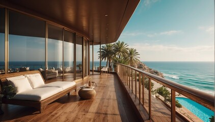 Obraz na płótnie Canvas bronze theme private luxury balcony with view of the beach from Generative AI
