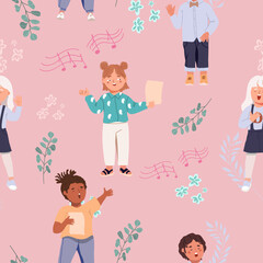 Seamless pattern with a group of happy singing children. Cute children of different races singing a song together. Preschool children singing in a choir.
