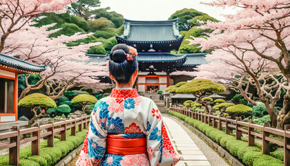 A high-born Asian woman in a festive kimono walks slowly through a blooming Japanese garden
