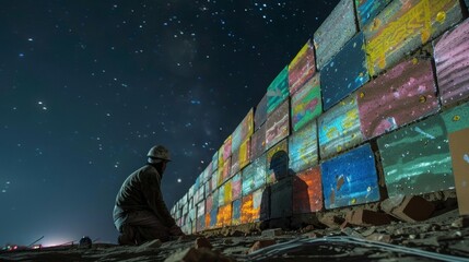 A lone bricklayer works under a starry night sky the colorful Wall of Stories behind him taking shape with each brick he lays. As he adds the final touches to the structure the stories . - obrazy, fototapety, plakaty