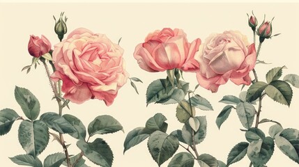 A Victorian-style botanical illustration of roses