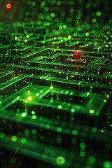 Obraz premium A digital maze teeming with glowing green code, a single red virus particle navigating through the labyrinth, photorealistic