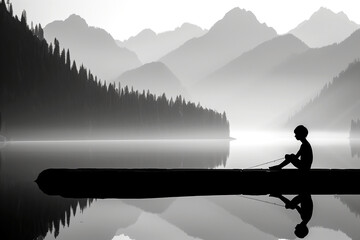 A person is sitting in a canoe on a lake surrounded by mountains - 792831552