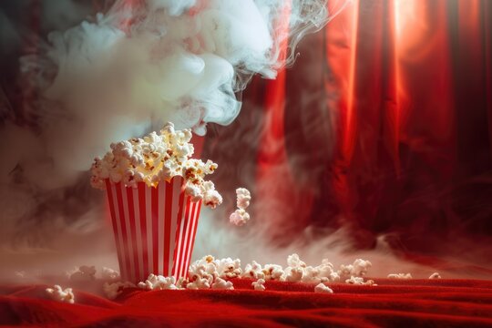 Kino - Enjoy the Show with Popcorn and Movie Tickets. A Conceptual Image of German Cinema Theme with Smoky Atmosphere, Spotlight and Entertainment Vibes
