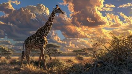 Illustrate the elegance of an adult giraffe as it delicately browses on shrubbery, surrounded by...