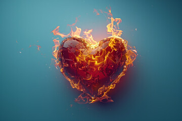 Isolated 3D burning heart on a blue background