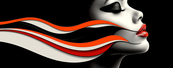 A woman's face is shown with a red and white wave pattern - 792831935