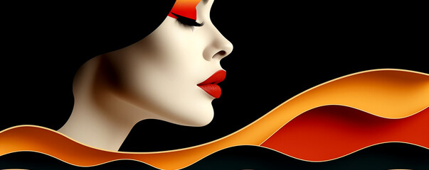 A woman's face is shown in a black background with orange and red colors - 792831988