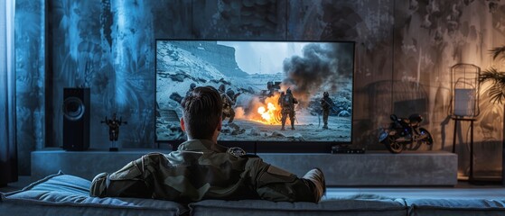 Living Room: Guy watching war movie on TV while relaxing on the couch. Modern battlefield action with war soldiers is shown on the television. - Powered by Adobe