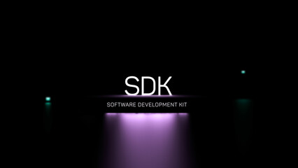 SDK Software Development Kit illuminated text, lettering. SDK concept, wallpaper. 3D render