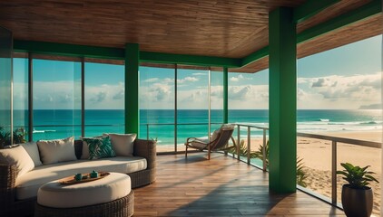 green theme private luxury balcony with view of the beach from Generative AI