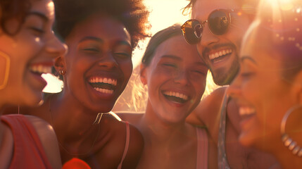 Group of Happy Smiling Young People, Close-Up Faces of Diverse Friends Enjoying Togetherness, Joyful and Casual Gathering, Expression of Friendship and Happiness
