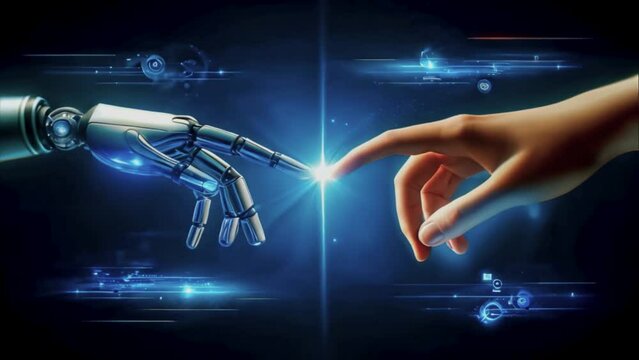 Futuristic machine learning. hands of robot and human touching big data network connection, 4k animation.