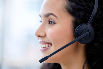 Contact us, smile or businesswoman with headset in office for career, call agent or...