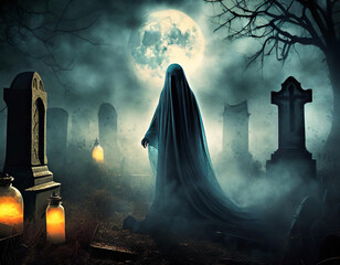 scary ghost in the cemetery, Halloween, autumn
