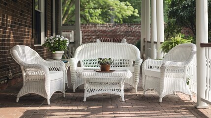 White Wicker Furniture on Brick: Stylish & Comfortable Seating for Your Patio, Veranda or Porch - obrazy, fototapety, plakaty