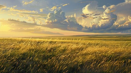 Wild and Beautiful Great Plains: A Golden Landscape with Native Grasslands and Clouds in the Sky - obrazy, fototapety, plakaty