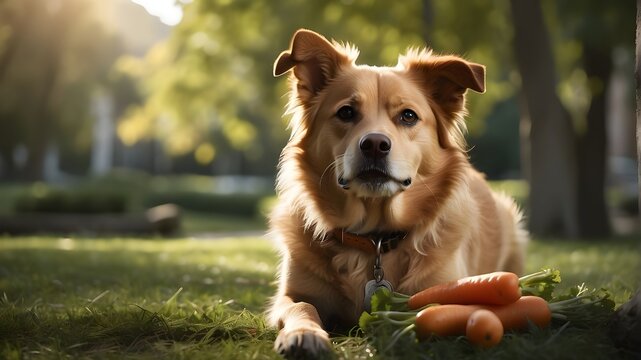 "Photorealistic image of an English Dog holding a carrot in his teeth, captured in a natural outdoor setting. The dog is portrayed with intricate detail, showcasing its fur texture and the gleam in it