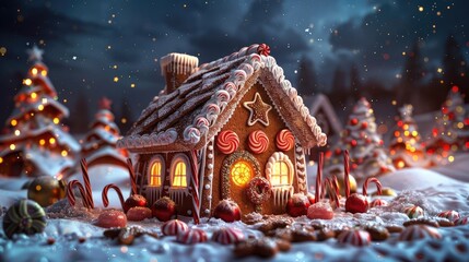 3D gingerbread house with candy decorations under a starry sky