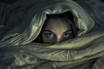 Hiding Under Blanket. Beautiful Woman in Charming Bedchamber Hiding Under Blanket in Her Spacious Apartment