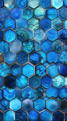 Layered hexagonal tiles in varying shades of blue creating a water-like effect