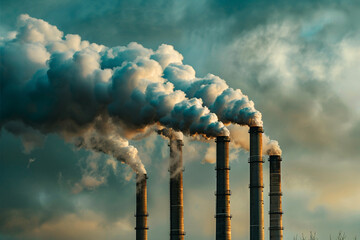 Factory pipe polluting air, environmental problems, ecology theme, the smoke from the chimneys