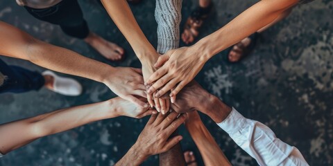 Oneness in the Office: Join Our Team and Achieve Professional Success with Trust and Support from Male and Female Colleagues Putting Hands Together Top View