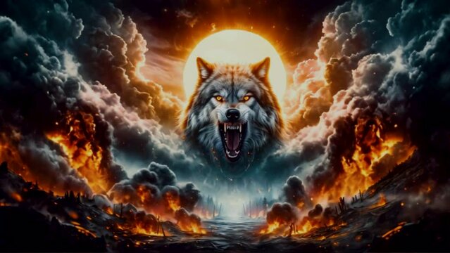 Angry roaring wolf with fire and smoke clouds, 4k animation.