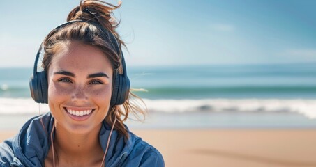 Happy young sport woman wearing headphones on the beach