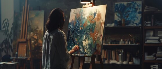 Inventive Female Painter Stroking Broad Strokes Using Paint Brush in Dark Creative Studio. Large Image Stands on Easel Illuminated with Tools all Over.