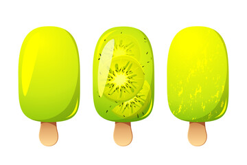 Kiwi ice cream set, fruit popsicle on a wooden stick with kiwi pieces. Summer cold dessert, frozen juice, fruit ice. Vector illustration.