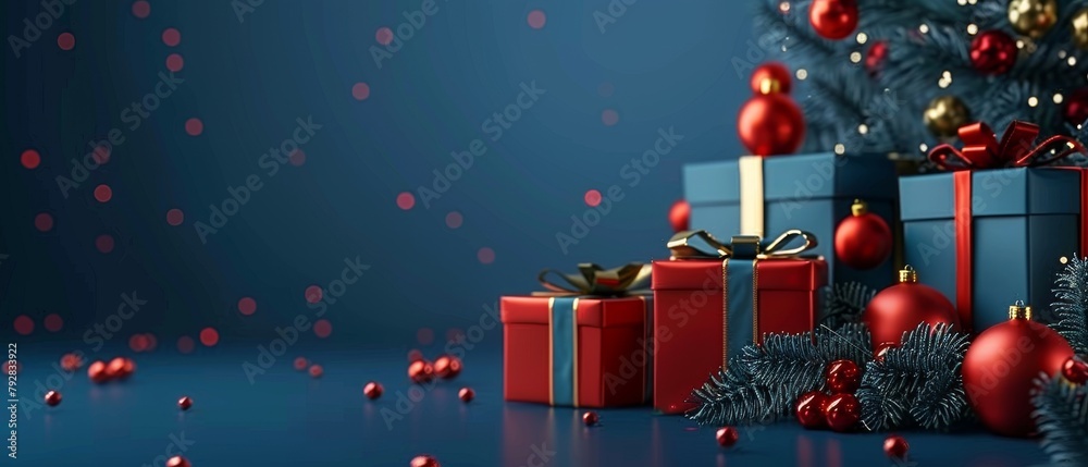 Sticker The 3D rendering shows Christmas decorations with a gift box on a dark blue background.