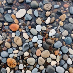 Close-up of pebbles on the bank of the stream, water tricking, clover, cold tint background