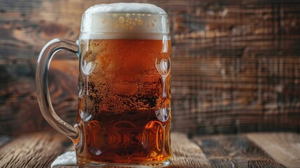 Refreshing Ales and Lager in Closeup of Beer Pitcher with Wood Background - Foam, Froth, Suds and Bubbles in Detail - obrazy, fototapety, plakaty