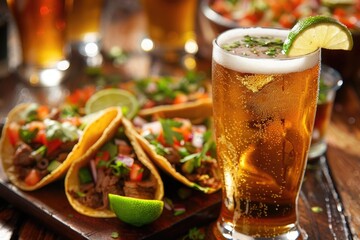 Refreshing Beer with Lime Wedge, Perfectly Paired with Beef Tacos and Mexican Cuisine - obrazy, fototapety, plakaty