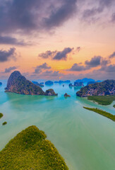 Sunset landscape Phang Nga river and national park with mangrove jungle bay, aerial view. Amazing...