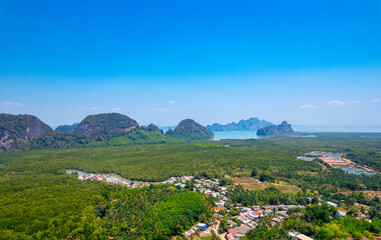 Landscape Phang Nga river and national park with mangrove jungle bay, aerial top view. Concept amazing nature landmark of Thailand