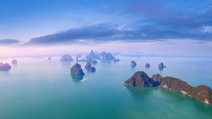 Beautiful panorama nature of Thailand aerial view, amazing sunset landscape Phang Nga bay and Hong tropical island