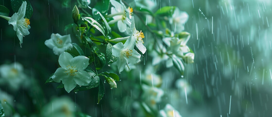  jasmine field after rain flower background - obrazy, fototapety, plakaty