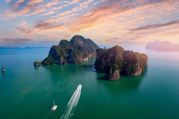 Aerial view Tourist speed boat in national park Phang Nga bay and Hong island, travel trip in...