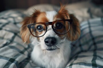 Smart and Stylish: Close-Up Portrait of Cute Dog Wearing Glasses on Bed