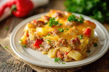 Fototapeta na wymiar Spicy Egg Casserole with Potato, Sausage, Onion and Bell Pepper on White Plate - Bulk up Your Morning with Cheese and Bold Flavors